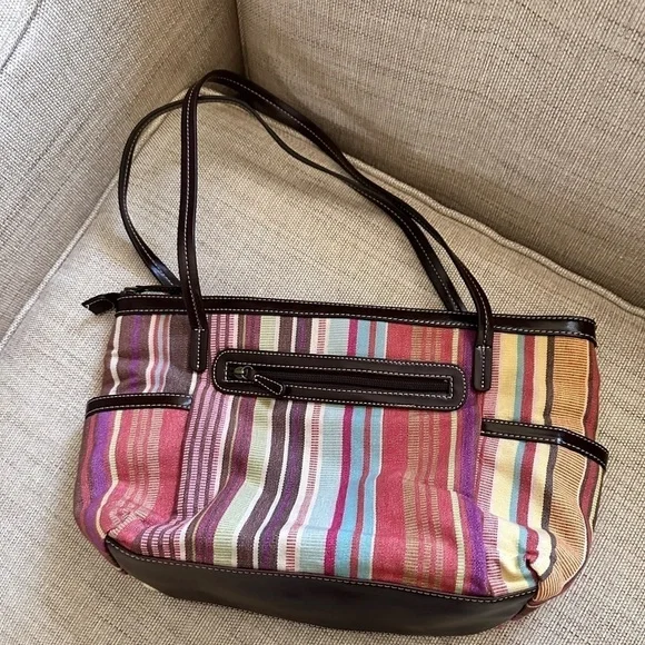 Giani Bernini Multi Compartment Striped Vegan Handbag Zipper & Magnetic Snap EUC - Picture 2 of 10